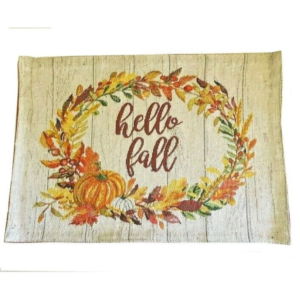 Hello Fall Placemats Tapestry Thanksgiving Pumpkin Floral Wreath 13x18 Set of 4